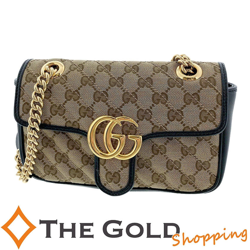 Gucci GG Marmont Bag Canvas Leather Chain Shopping Crossbody Bag Beige Gold